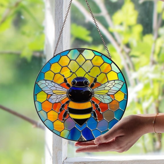 Bumblebee Glass Suncatcher, Vibrant Pollinator Window Art, Garden Nature Decor, 7.9 in