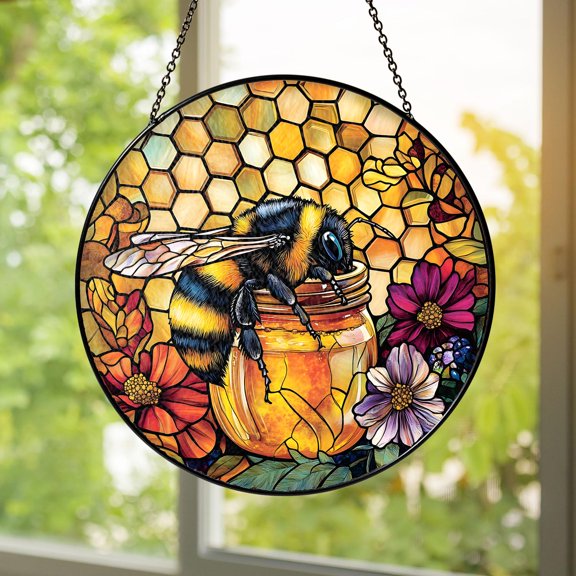 Bumblebee Honeycomb Handmade Stained Glass Suncatcher Window Hanging Home Decor Nature Garden Gift