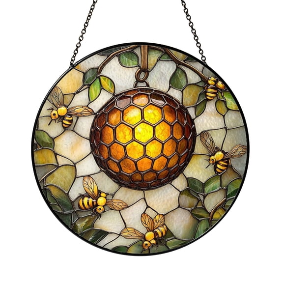 Bumblebee Honeycomb Window Hanging Stained Glass Style Suncatcher, Bee on Flower Branch Window Panel Art Decor, Garden Nature Window Decoration Gift