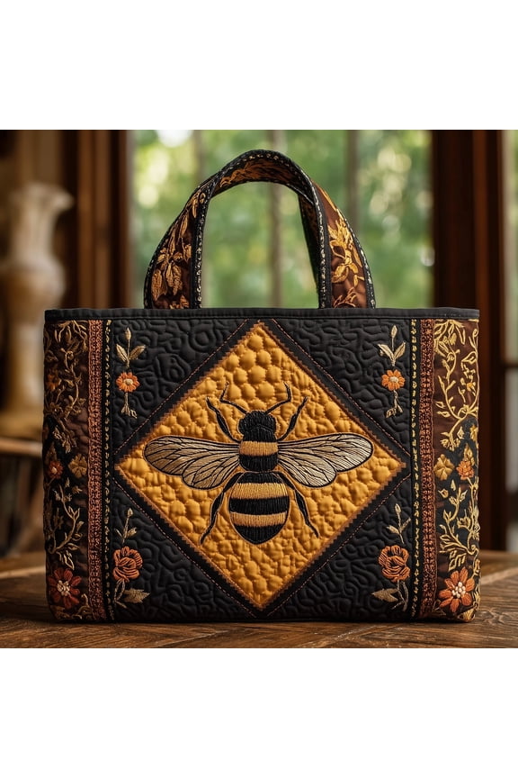 Bumblebee Quilted Tote Bag, Black Honeycomb Pattern Shoulder Tote, Nature Inspired Market Bag