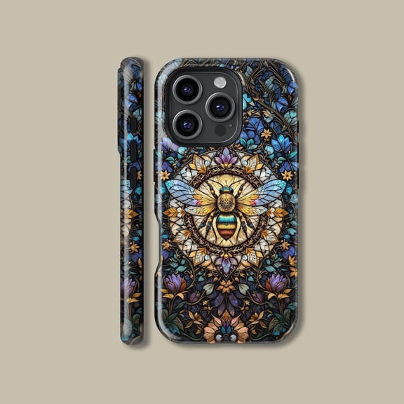Bumblebee Stained Glass Mosaic Tough Phone Case, Bee Insect Art Dual Layer Shock Absorbing Protective Hard Shell Cover, Compatible with iPhone 14 Plus