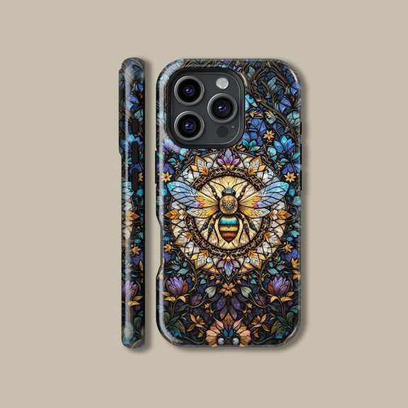 Bumblebee Stained Glass Mosaic Tough Phone Case, Bee Insect Art Dual Layer Shock Absorbing Protective Hard Shell Cover, Compatible with iPhone 16