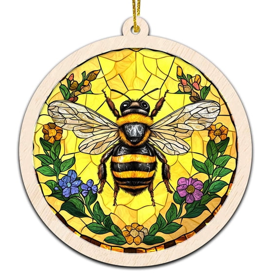 Bumblebee Stained Glass Suncatcher Ornament  Text Christmas 2025 Tree Decoration Gift for Family, Friends, Man & Woman