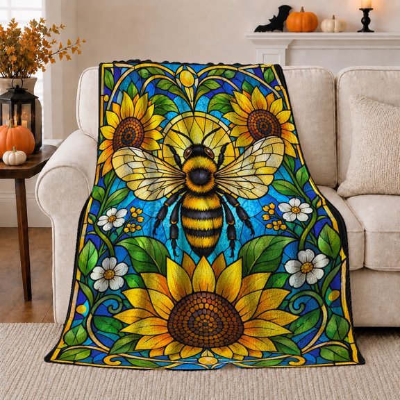 Bumblebee Sunflower Stained-Glass Art, Peaceful Mountain Lake Scene, Warm Flannel Blanket for Cabin and Lodge, Outdoor Lovers Camping Gift, Botanical Home Decor