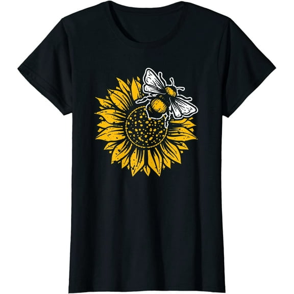 Bumblebee Sunflower T-shirt for Women Spring Time Save The Bees Honeybee Casual Short Sleeve Tops Black 2X-Large