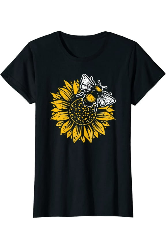 Bumblebee Sunflower T-shirt for Women Spring Time Save The Bees Honeybee Casual Short Sleeve Tops Black 3X-Large