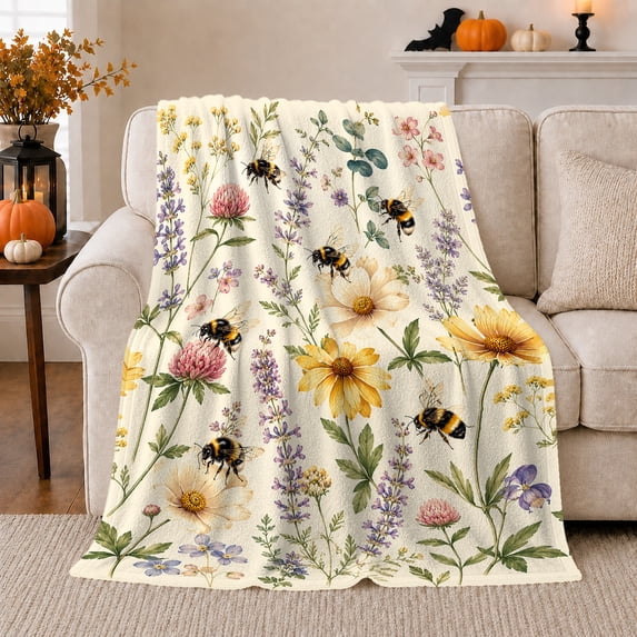 Bumblebee Wildflower Botanical, Peaceful Botanical Garden Scene, Warm Flannel Blanket for Sunroom and Reading Nook, Garden Lovers Housewarming Gift, Botanical Home Decor