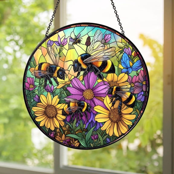 Bumblebee Wildflower Stained Glass Suncatcher Window Hanging Summer Colorful Floral Pollinator Garden Cottagecore Decor