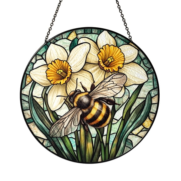 Bumblebee and Flower Stained Glass Suncatcher Honeybee Garden Window Hanging Nature Inspired Home Decor Gift