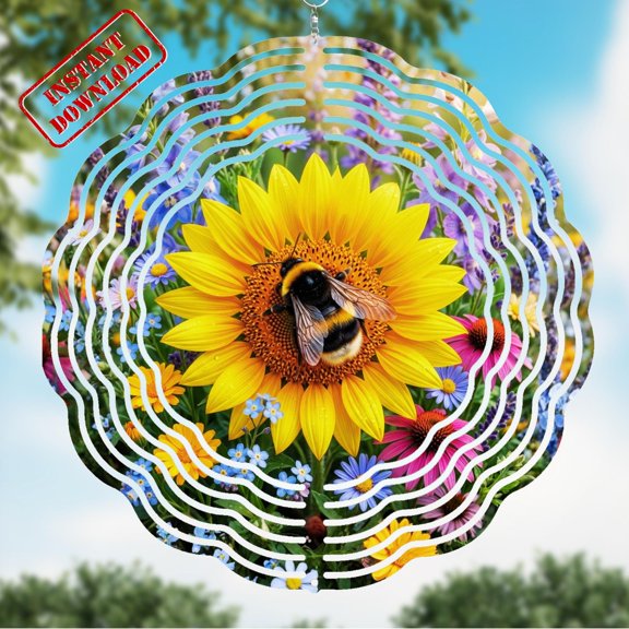 Bumblebee and Sunflower 10-Inch Wind Spinner, Outdoor Garden Decor