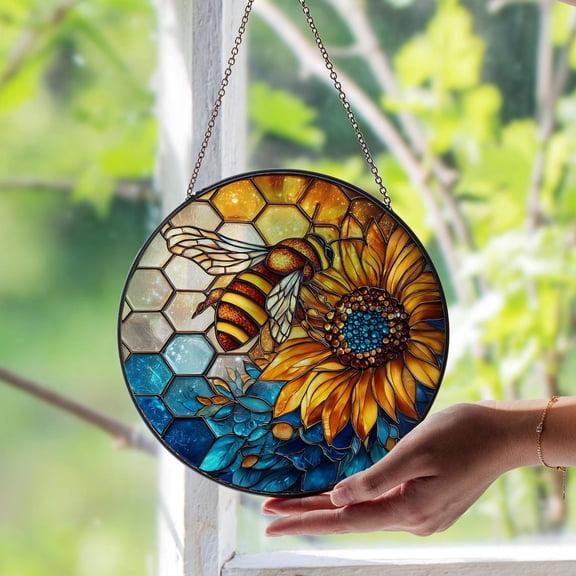 Bumblebee and Sunflower Glass Suncatcher, Bright Floral Bee Art, 3.5 in