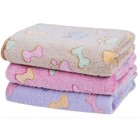 Bumiews Soft Fluffy Fleece Pet Blanket for Dogs & Cats, Blue Paw Print, 3 Count
