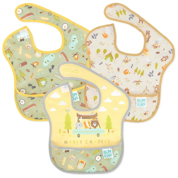 Bumkins Baby Bibs, SuperBib 3-Pack, Baby & Toddler Ages 6-24 Mos (Happy Campers)