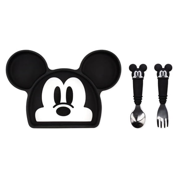 Bumkins Baby Disney Silicone Grip Dish and Utensils Set, Fork and Spoon for Toddlers and Kids 18 Mos+ (Mickey Mouse)