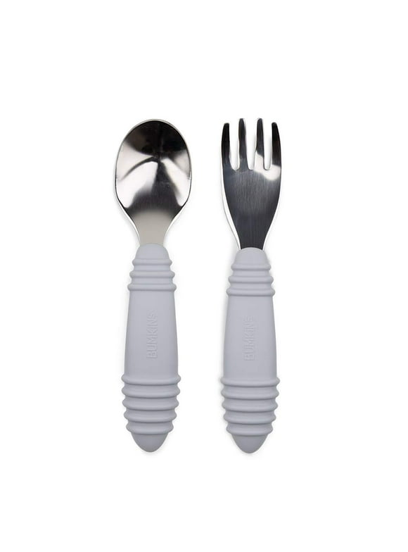 Bumkins Toddler Fork and Spoon Set, Stainless Steel & Silicone for 18 Mos+ (Gray)