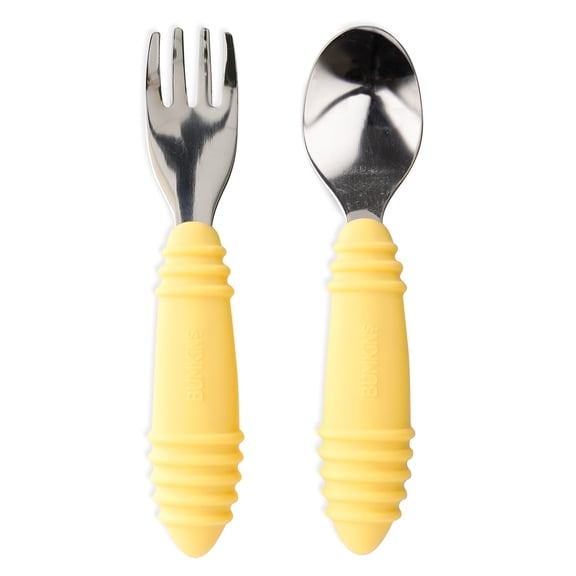Bumkins Toddler Fork and Spoon Set, Stainless Steel & Silicone for 18 Mos+ (Pineapple)