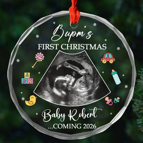 Bump 1st Xmas Glass Ornament Gift for Pregnancy Announcement, Picture Sonogram Bump's First Christmas Glass Ornament 2025, Name/Due & Photo Baby Sonogram Xmas Ornaments