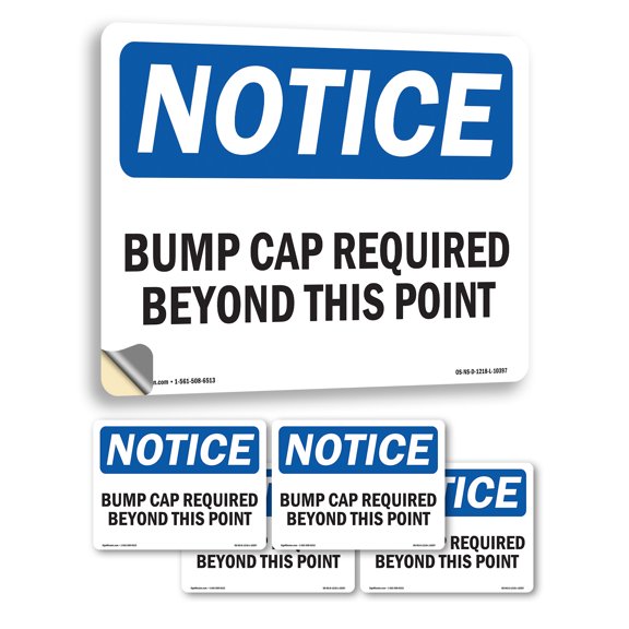 Bump Caps Required Beyond This Point OSHA Notice Vinyl Decal Label 5 Inch x 3.5 Inch - 5 Pack