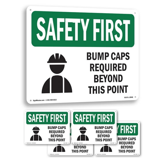 Bump Caps Required Beyond This Point With Symbol OSHA SAFETY FIRST Aluminum Sign 14 Inch x 10 Inch - 5 Pack