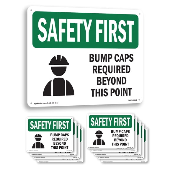 Bump Caps Required Beyond This Point With Symbol OSHA SAFETY FIRST Rigid Plastic Sign 14 Inch x 10 Inch - 10 Pack