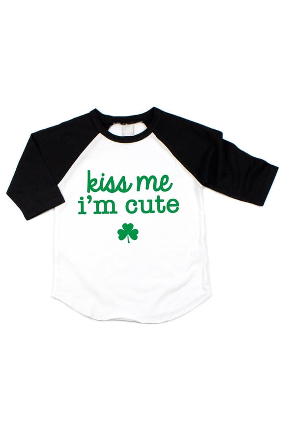 Kiss Me I'm Cute, Toddler St. Patrick's Day Raglan (Black, 4T)