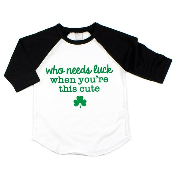 Bump and Beyond Designs Who Needs Luck, Toddler St. Patrick's Day Raglan (Black, 10-12)