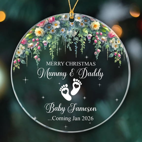 Bump's 1st Christmas Ornaments Gift for New Dad Mom, Merry Christmas Mummy and Daddy Ornament Xmas 2025, Baby Coming 2026 Xmas Ornament, Name & Due Date Baby Xmas Ornaments