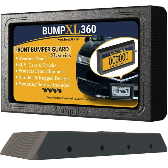 BumpXL Front License Plate Bumper Guard protector – XL Bump Protection for Cars, SUV’s, Vans & Trucks – includes black license plate mounting screws – BUMP 360-XLseries