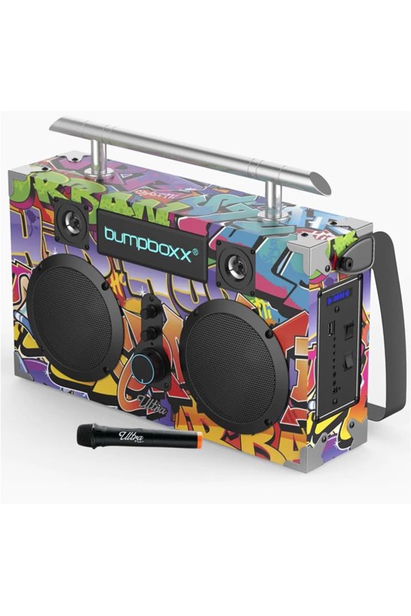 Bluetooth Boombox Ultra Plus | Retro Boombox with Bluetooth Speaker | Includes Rechargeable Lithium Battery, Carrying Strap & Mic | Easy to Carry | NYC Graffiti