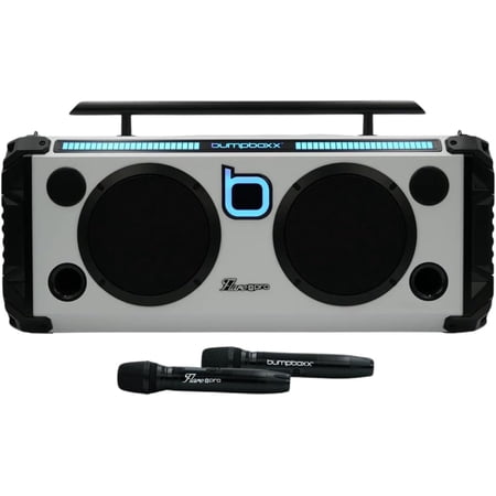 Bumpboxx Bluetooth Portable Speaker Boombox Flare8 Pro White | Retro Boombox with Bluetooth Speaker | Rechargeable Lithium Battery | Includes 2 Wireless Microphone, Carrying Strap & Remote Control