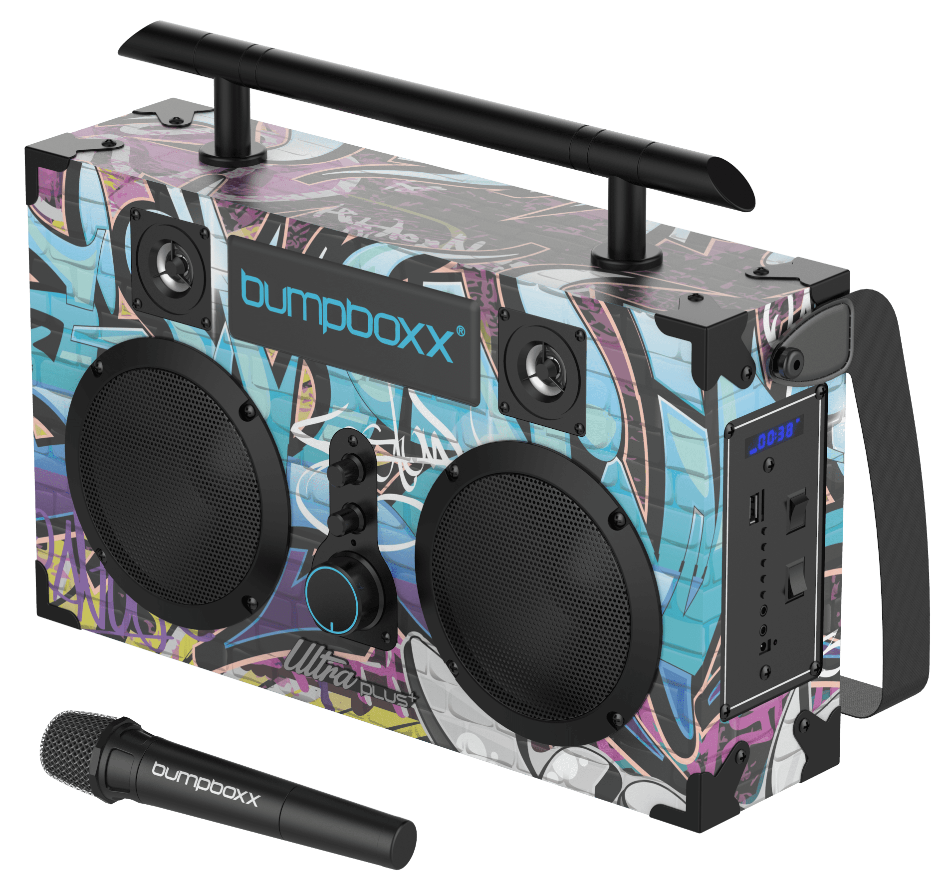 Bumpboxx Ultra Plus+ Bluetooth Speaker Boombox, Wireless Microphone, Rechargeable, Carry Strap