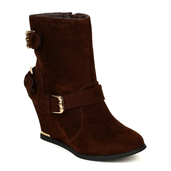 Bumper BD85 Women Velvet Round Toe Straps Wedge Riding Ankle Bootie