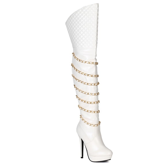 Bumper BE81 Women Leatherette Chained Quilted Stiletto Heel Thigh High Boot