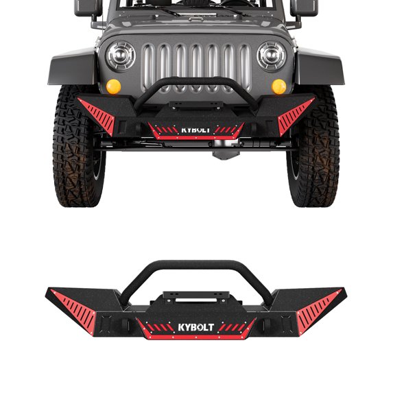 Bumper Compatible with 2007-2018 JeepWrangler JK& Unlimited (2/4 Doors),Rock Crawler Off-Road Bumper with Winch Plate & 4 LED Lights & D-rings Black