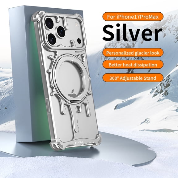 Bumper Frame for iPhone 17 Pro Max, Frameless Metal with Ring Stand, 360° Rotating Magnetic Kickstand Protective Heat Dissipation Slim Shockproof Thin Bumper, Aluminum Alloy No Back, Silver
