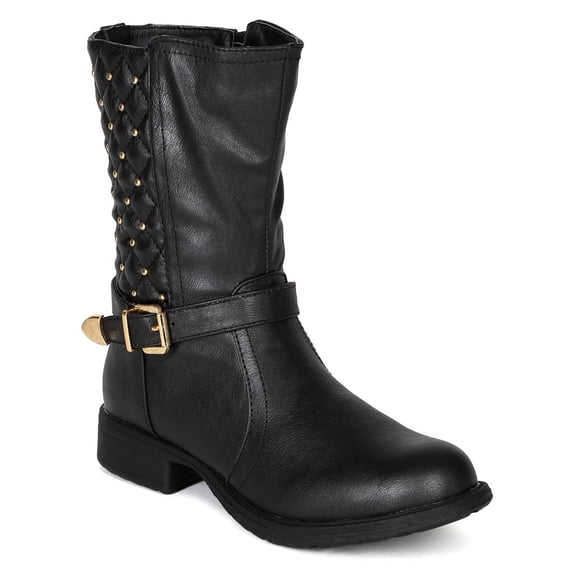 Bumper Nowa-01 New Women PU Quilt Stud Buckle Ankle Strap Mid Calf Riding Boots