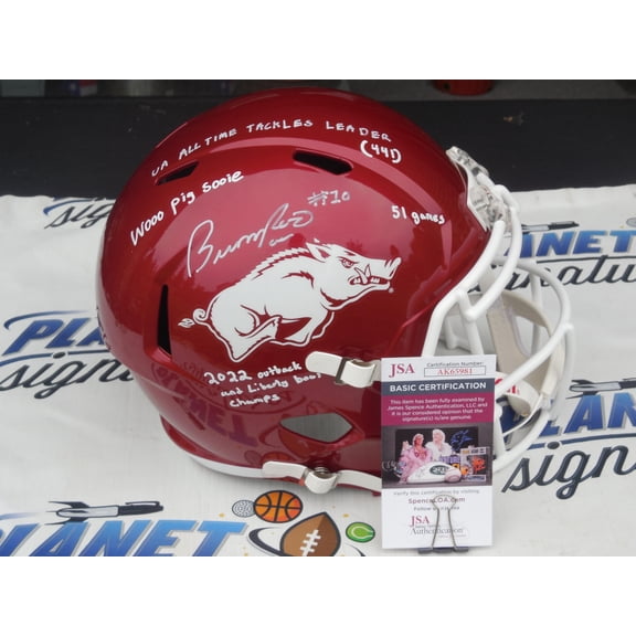 Bumper Pool signed autographed Arkansas Razorbacks UA full size speed helmet w/ career stats JSA COA