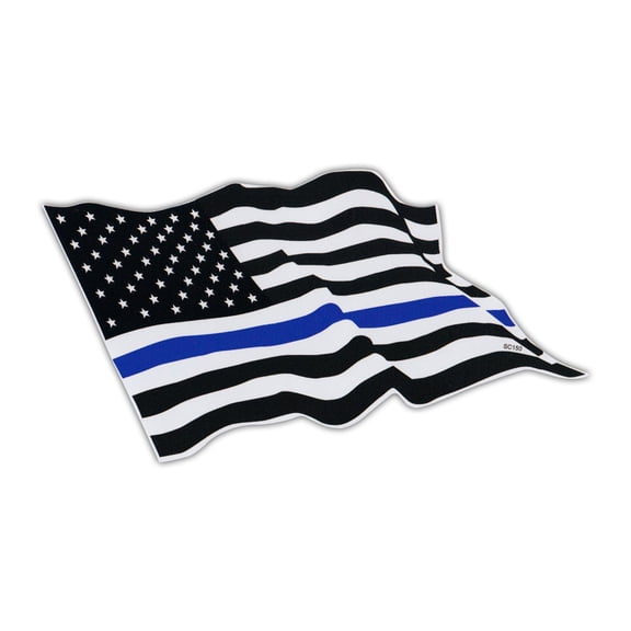 Bumper Sticker - Thin Blue Line Waving United States Flag - Support Police, Law Enforcement - 7" x 4" Decal