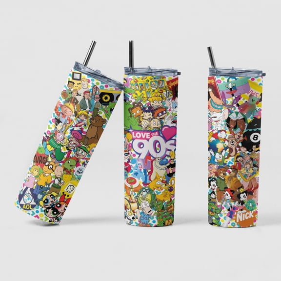 Bumpkit 90s Tumbler, 20oz Skinny Tumbler, Retro Cartoon Collage Cup, Colorful 90s Drinkware, Millennial Style, White