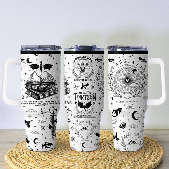 Bumpkit Fantasy Stainless Steel Tumbler Cup with Straw - Insulated Travel Mug for Book Lovers, Black - Opaque lid