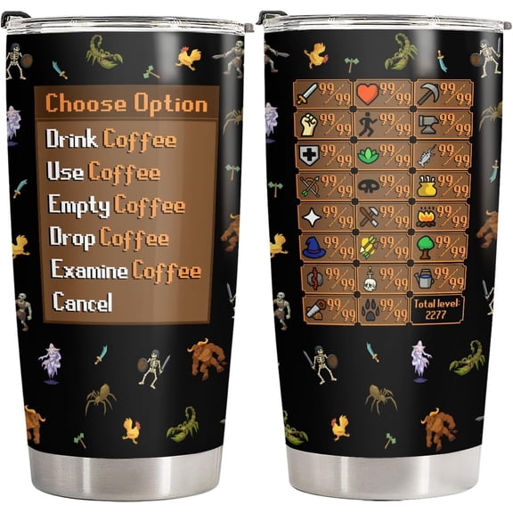 Bumpkit Gaming Tumbler, Stainless Steel Insulated Coffee Travel Mug with Lid, Old School RPG Skill Menu Game Cup, Birthday Gamers, White