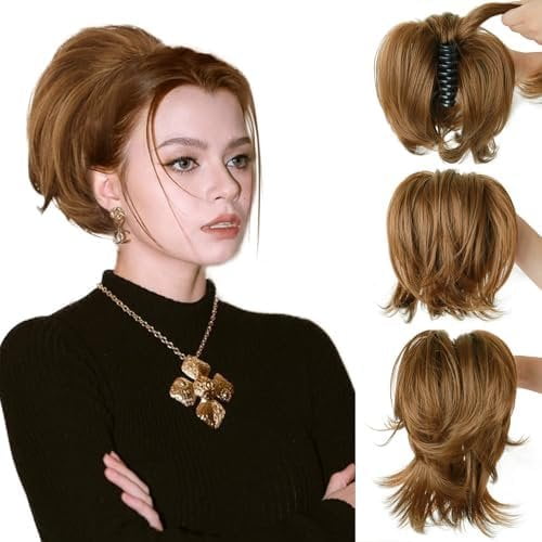 Bun Hair , Claw Clip in Straight Hair Bun Short Ponytail Extension with Bendable Metal Wire Hair Pieces for Women-Auburn