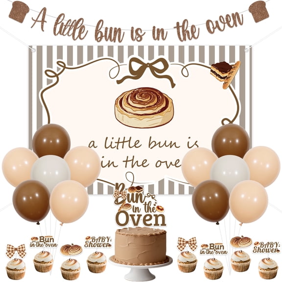 A Bun in the Oven Baby Shower Decorations Set, Brown Banner Balloon Cake Topper Backdrop Kit, Baking Theme Gender Neutral Bread Inspired Party Supplies for Boy Girl Baby Shower Party Supplies
