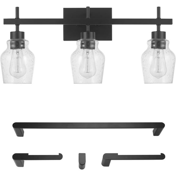 Bunbury 5-Piece All-in-One Bathroom Set, Matte Black, 3-Light Vanity Light with Seeded Glass Shades, Towel Bar, Towel Ring, Robe Hook, Toilet Paper Holder