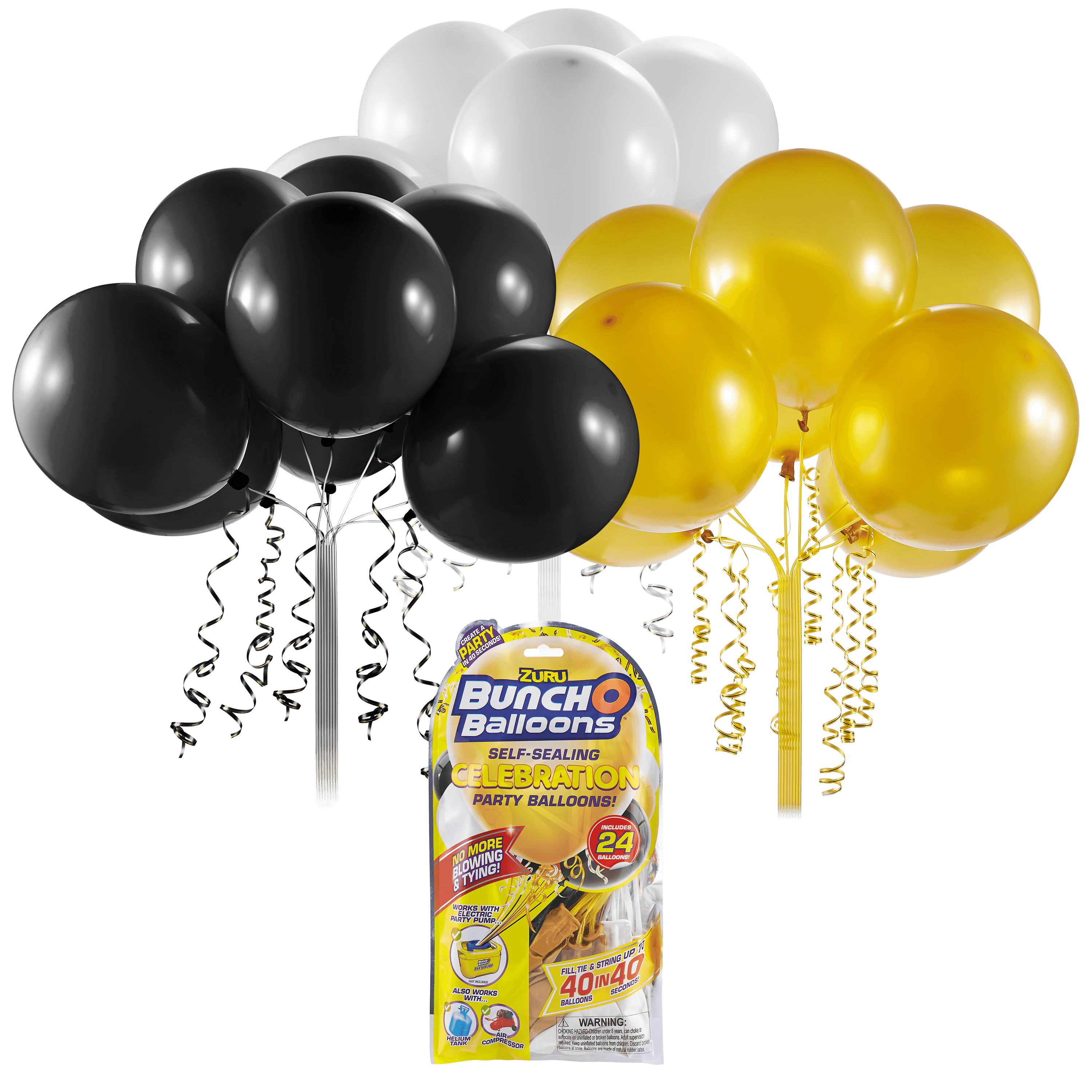 Bunch O Balloons Self-Sealing Latex Party Balloons, White, Black, & Gold,  11in, 24ct