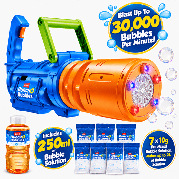 Bunch O Bubbles Bubble Gun Blaster with Rotating Drum and LED Lights, Includes 250ml Solution + 7 Sachets