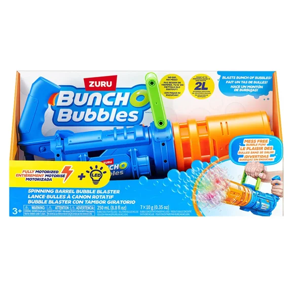 Bunch O Bubbles Spinning Barrel Bubble Blaster Motorized Outdoor Toy with LED Lights and Bubble Solution for Kids Ages 3 Plus