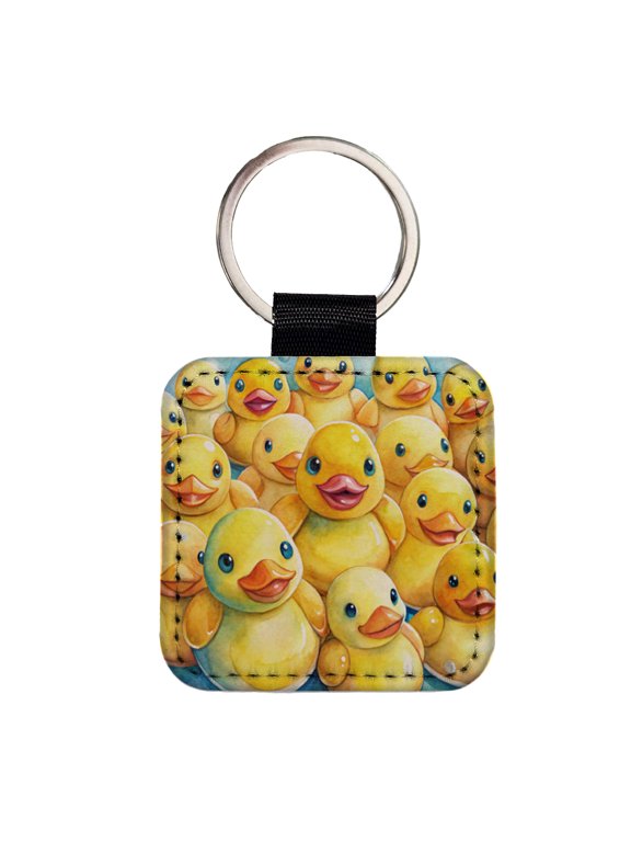 Bunch Of Cute Overlapping Rubber Ducks Faux Leather Square Keychain