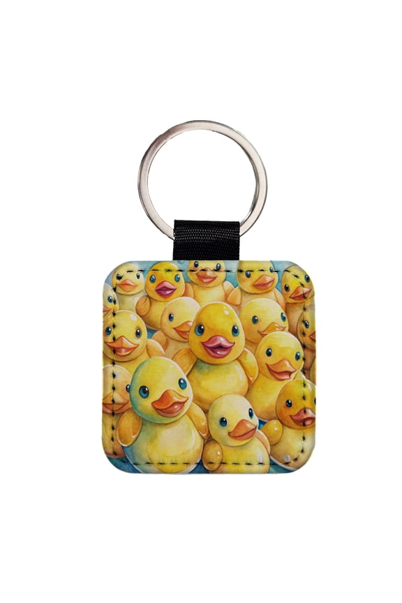 Bunch Of Cute Overlapping Rubber Ducks Faux Leather Square Keychain