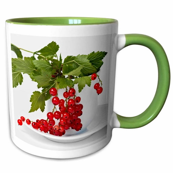 3drose, Bunch of Red Currant Hangs Out from White Cup. Green Leaves, on White, 11oz Two-tone Green Mug